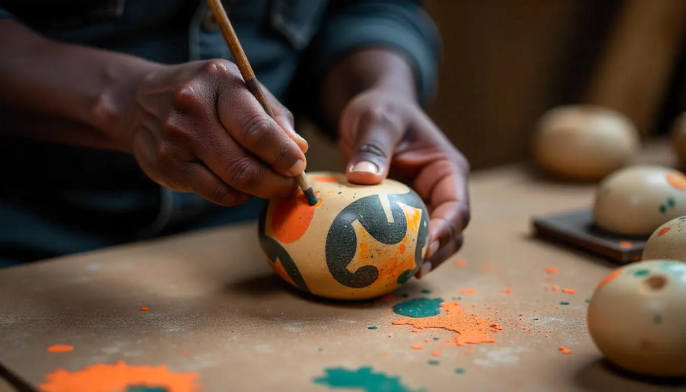 Close-up of an artisan sanding and painting Kisii soapstone figurines with natural dyes.