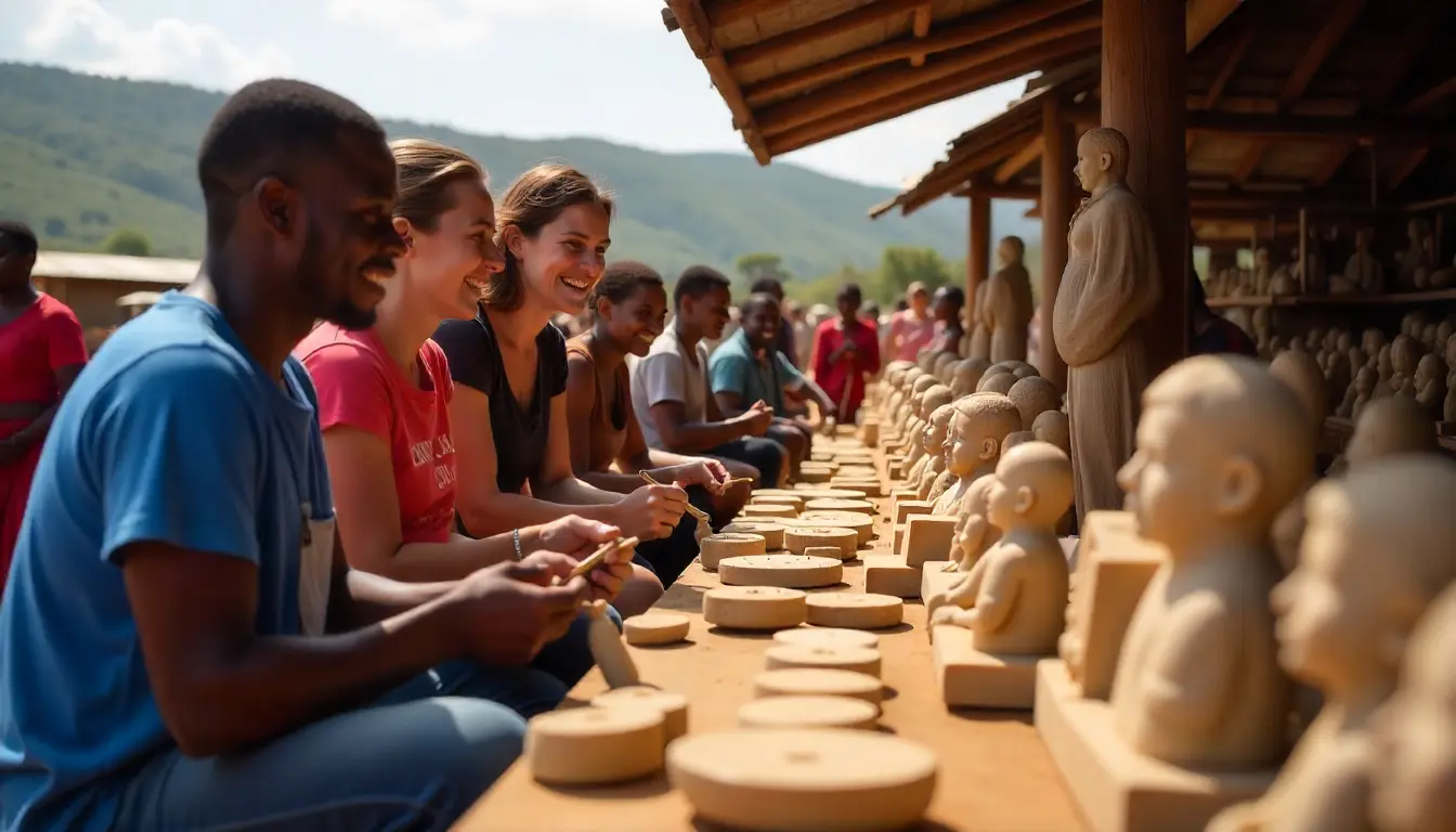Visitors watching Kisii artisans carve soapstone sculptures at Tabaka market.