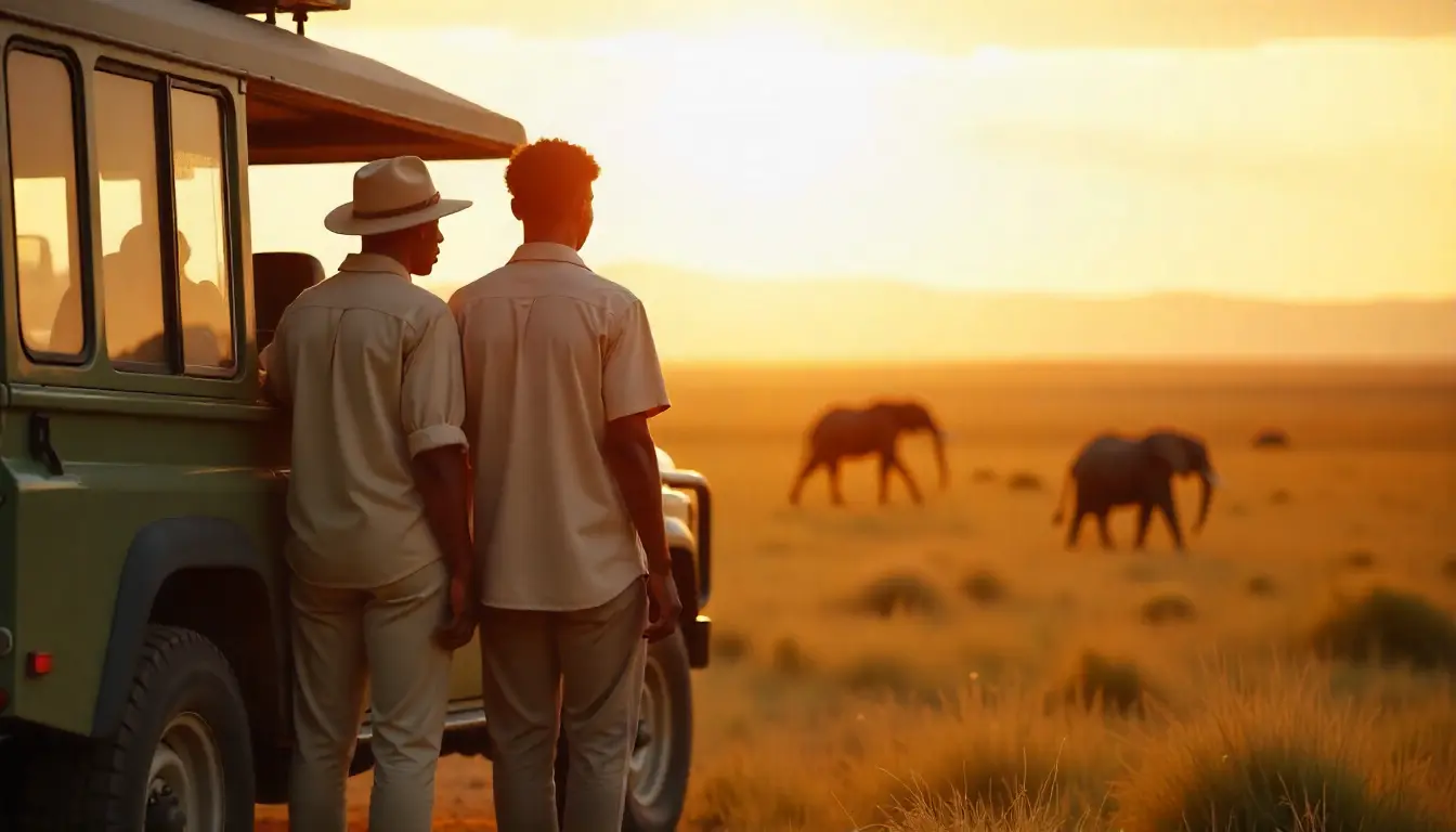 Kenyan travelers dressed in safari outfits at Maasai Mara savannah.