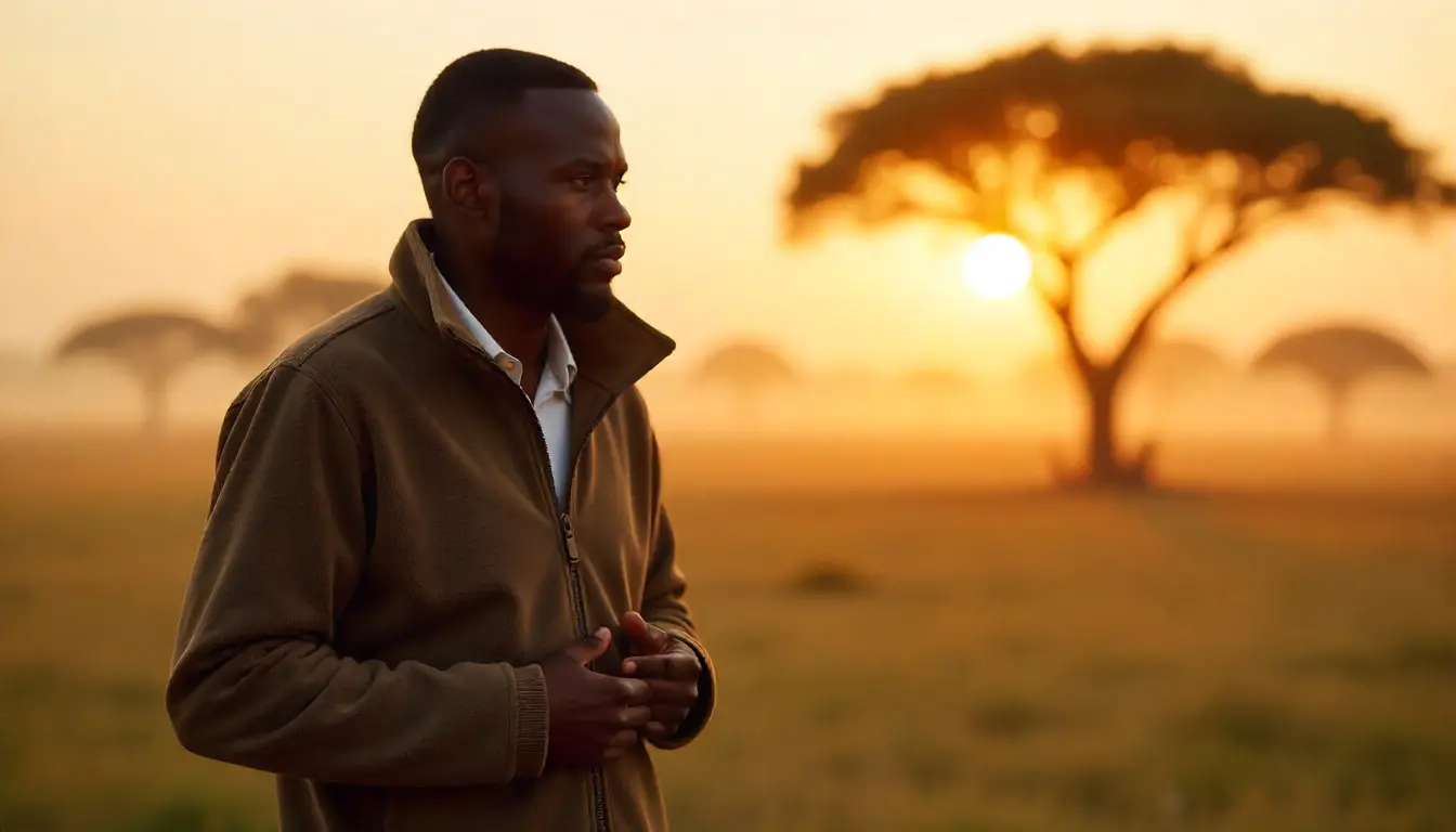 Kenyan traveler layering clothes during a sunrise safari.