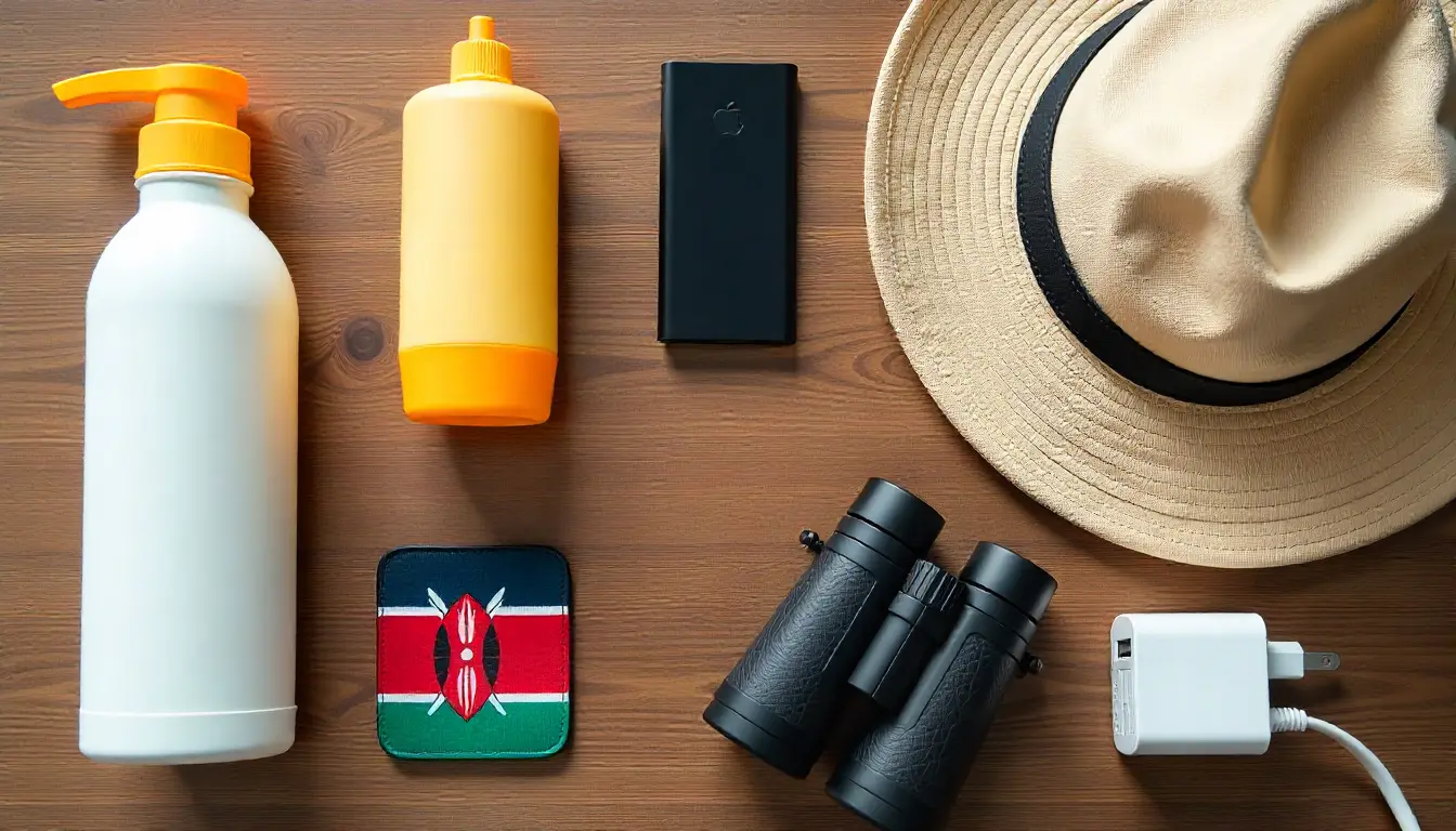 Essential travel items for a trip across Kenya.