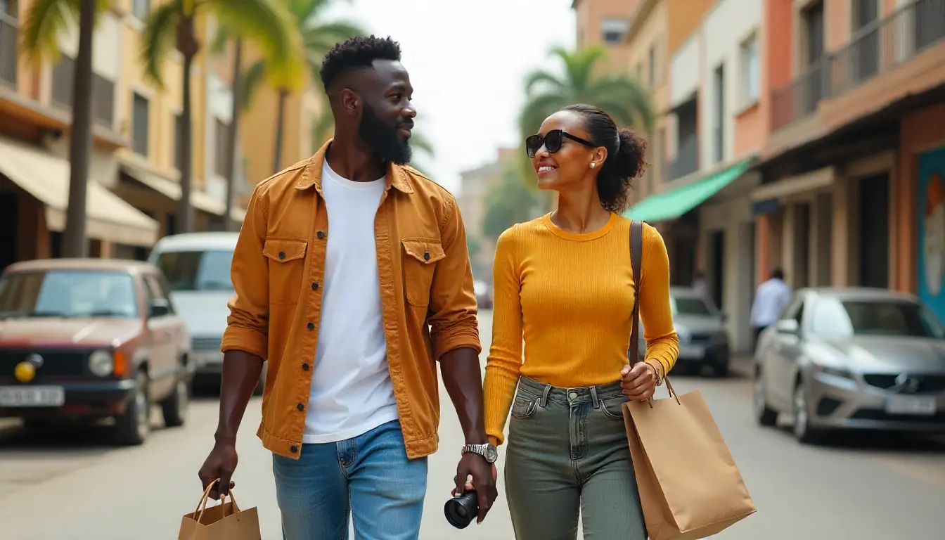 Kenyan travelers exploring Nairobi city in smart-casual outfits.