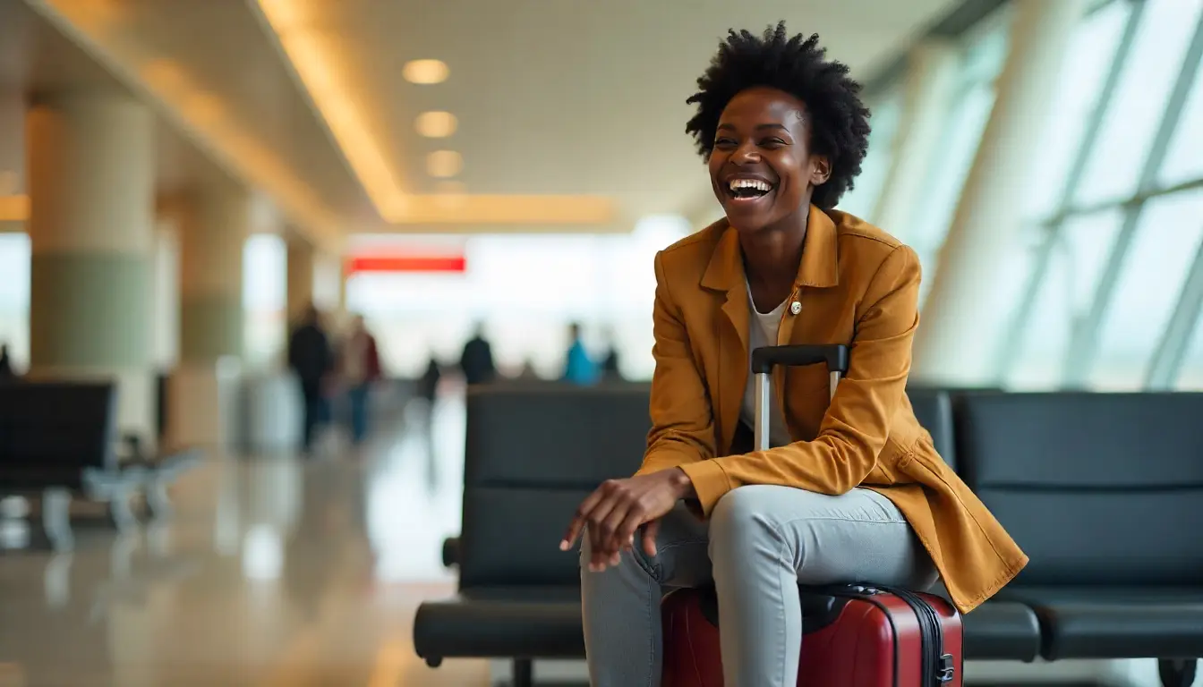 Kenyan traveler laughing while sorting travel luggage.