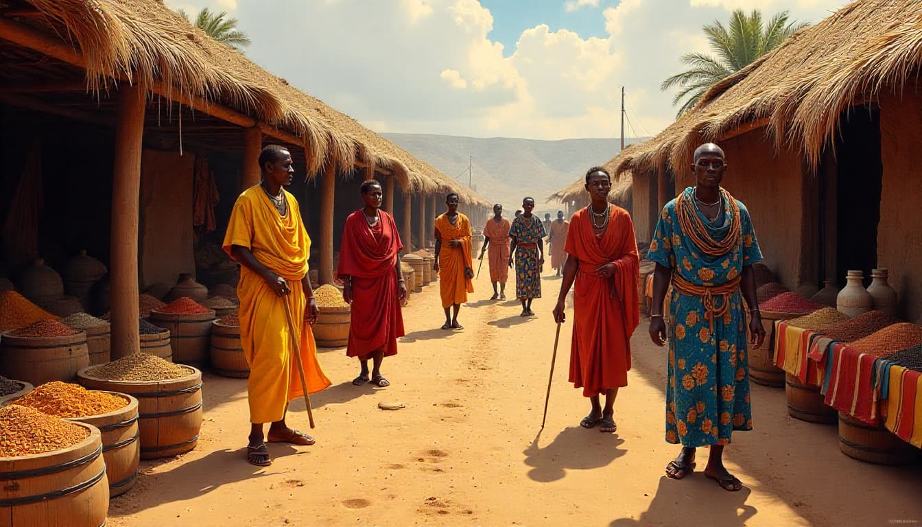 Artistic depiction of ancient Gedi’s Swahili marketplace with traders in traditional robes.