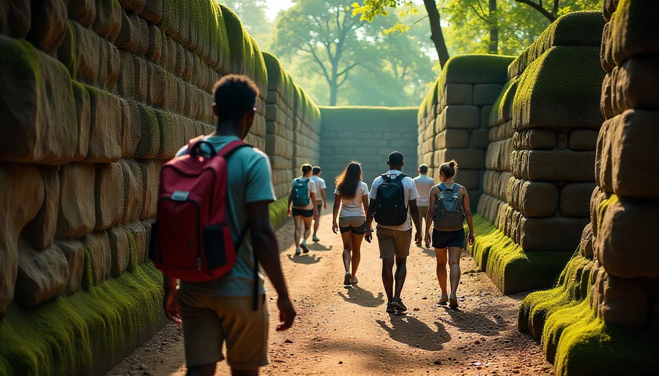 Kenyan tourists exploring Gedi Ruins with a local guide under the forest canopy.