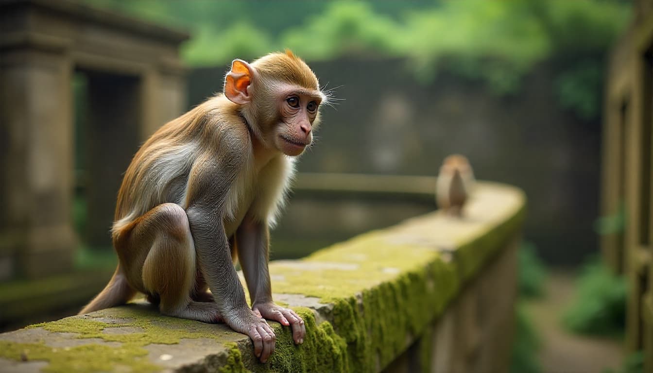 A playful Sykes’ monkey perched on a mossy wall at Gedi Ruins, Watamu.
