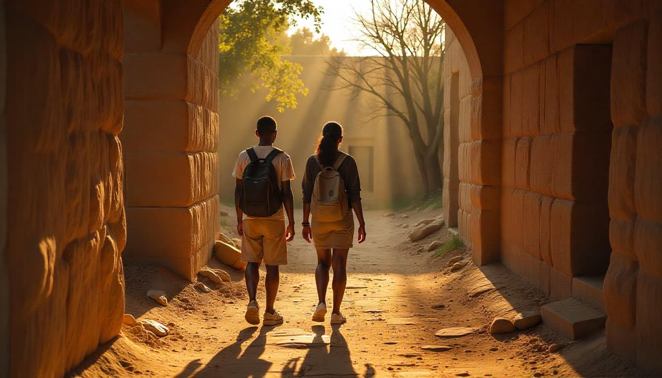 Kenyan travelers admiring the ancient stone arches at Gedi Ruins in Watamu.