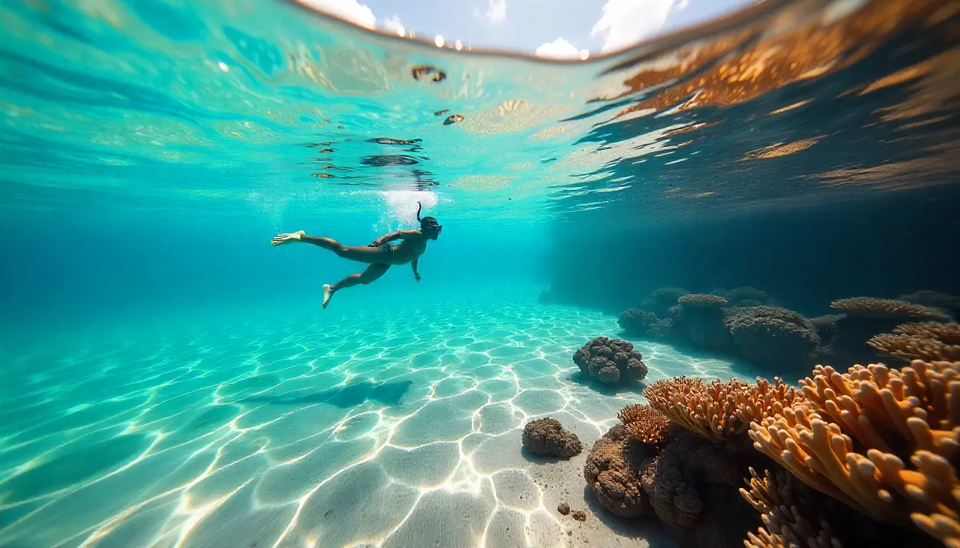 Snorkeler exploring coral reefs in the clear waters of Watamu Beach, Kenya.