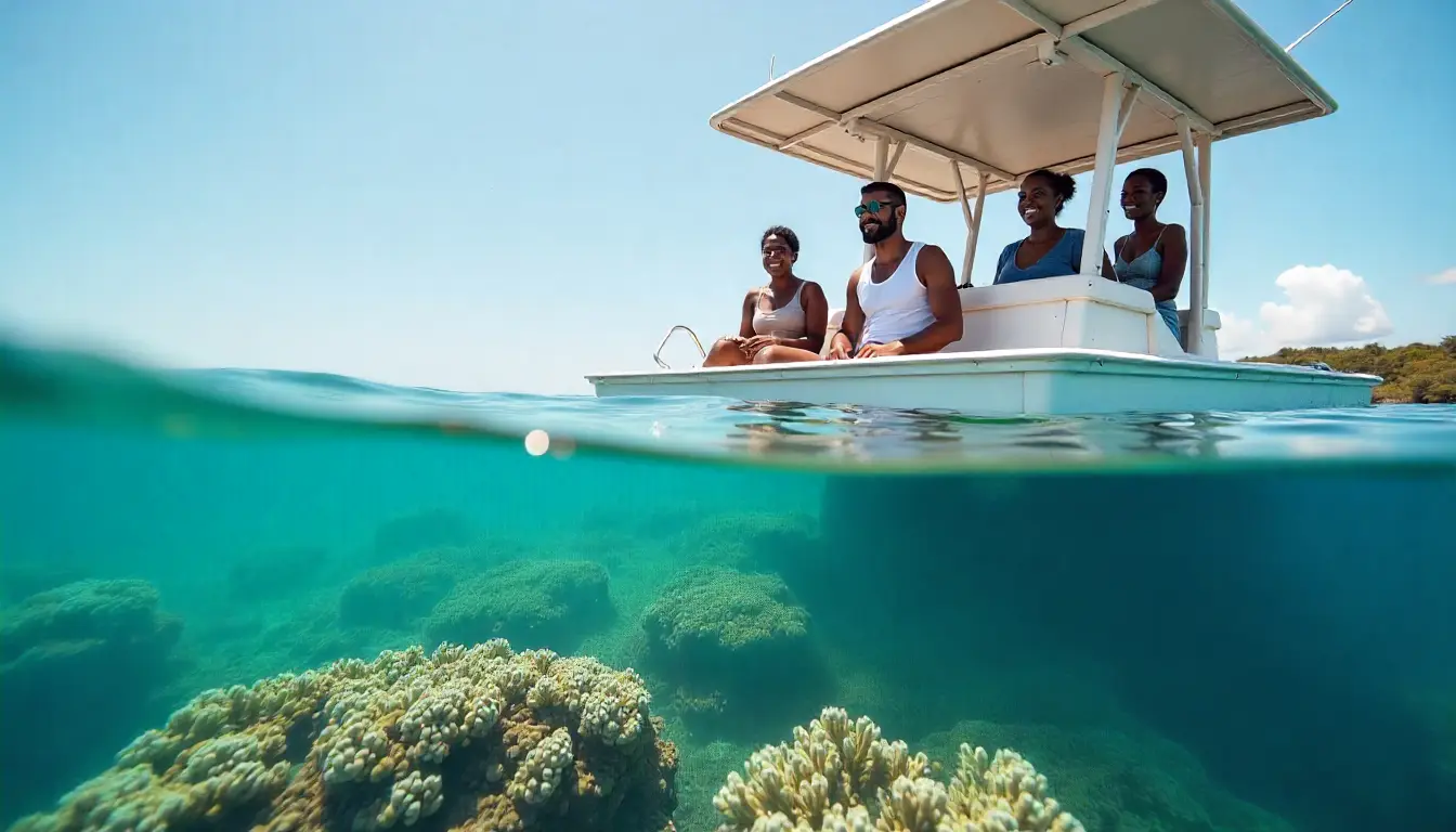 Tourists on a glass-bottom boat exploring Watamu Marine National Park in Kenya.