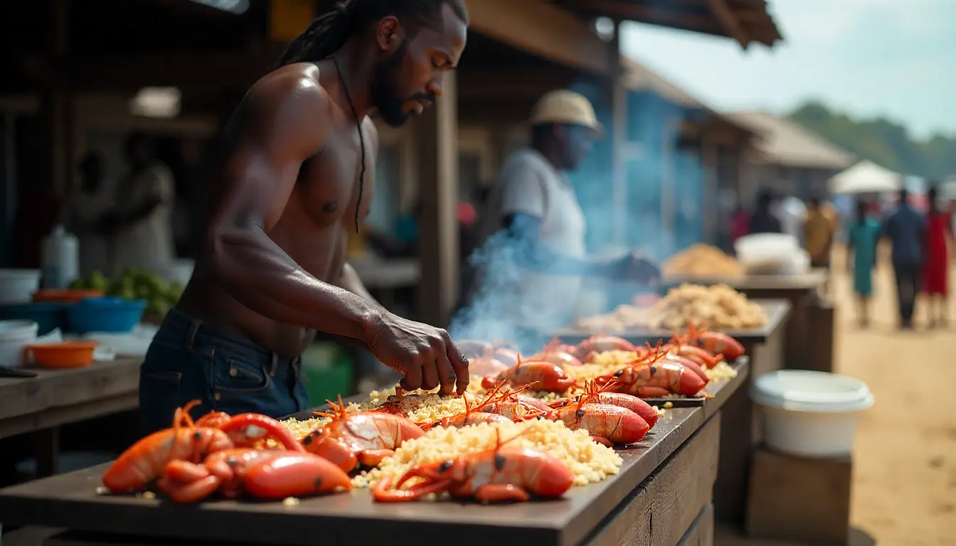 Kenyan chef preparing fresh seafood in a Swahili-style coastal restaurant in Watamu.