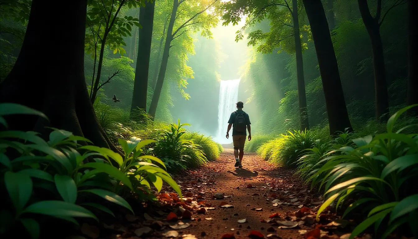 A peaceful forest trail in Kenya with birds and a distant waterfall.