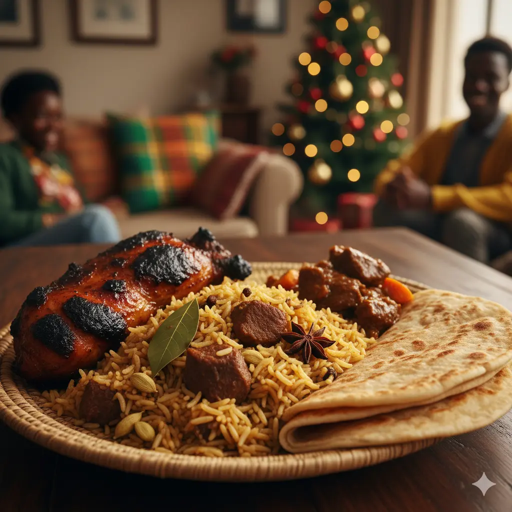Close-up of a plate with a folded chapati, beef pilau garnished with spices, and a piece of grilled nyama choma, set against a subtly blurred background of a cozy festive home.