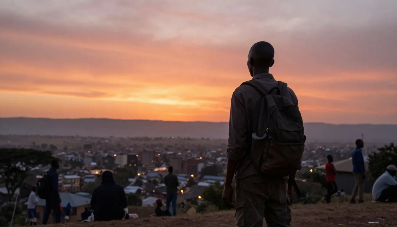 Traveler experiencing a sunset in Kenya with city and nature blending together